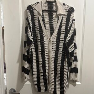 Fashion Nova Black & Cream Open-Knit Striped Cardigan